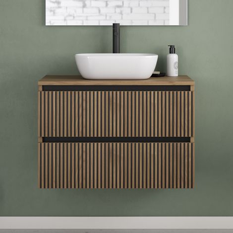 Meuble de salle de bain 80cm avec plateau et vasque à poser arrondie - 2 tiroirs - sans miroir - noyer (bois foncé) - VENERIA