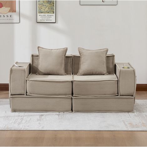 Pouf sofa 162x78x66 cm kaki in velluto a coste con cuscini e tasche laterali (1/5)