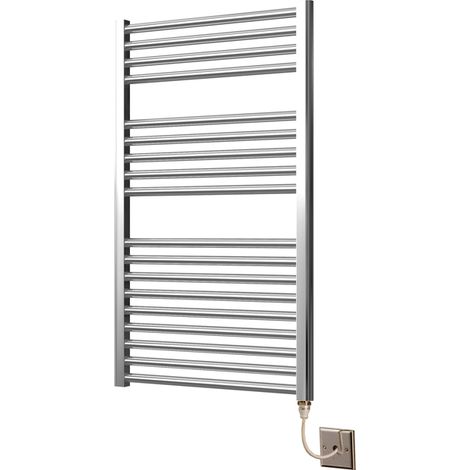 Extra High Heat Output Chrome Electric Towel Rail 600 x 1000mm Flat Bathroom Radiator Heater + 7 Day Timer/Thermostat