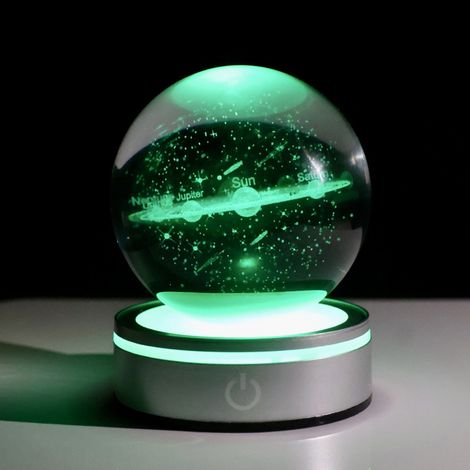 Boule Cristal 3D Système Solaire - Veilleuse Décorative pour Intérieur - Base Carrée Argentée - Diamètre 8 cm - 1 Pièce (1/4)