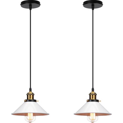 (2X) Lampes À Suspension Rétro Plafonnier Industriel Lustre Vintage 220MM E27 (Blanc) Abat-Jour En Métal Pour Loft Restaurant Café Bar