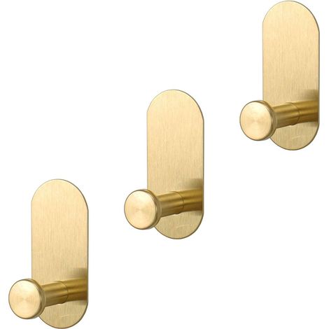 Ganchos adhesivos resistentes para toallas, ganchos de ducha de acero inoxidable impermeables (oro cepillado, juego de 3) (1/5)