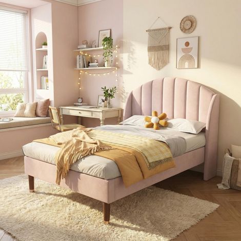 FurnitureR Pink Velvet Single Bed 90x190cm with Headboard and Slats (1/5)
