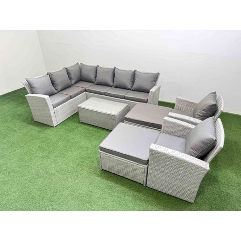 Fimous 10 Seater Garden Outdoor PE Rattan Furniture Set Rattan Garden Sofa Set with 2 Big Footstools 2 Chair Light Grey Mixed (1/5)