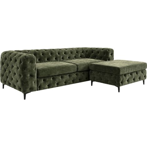 Canapé d'angle VELENA 4 places avec pouf – Velours vert foncé capitonné – 235 x 74 x 157 cm (1/5)