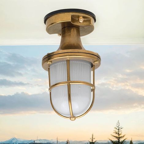 Deckenlampe außen IP54 Messing Glas H: 20 cm E27 Deckenleuchte Außenlampe Veranda Balkon Garten