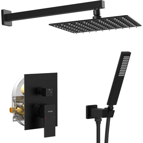 Ensemble de douche effet pluie 10 po, combiné de douche mural noir mat avec douchette à main et robinet d'équilibrage de pression (1/5)