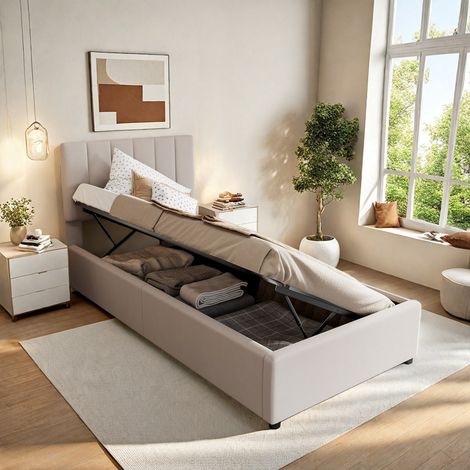 Lit simple 90 x 200 cm avec Tête de lit rembourrée - Espace de rangement à vérins - Lin beige - Style scandinave - Logement locatif