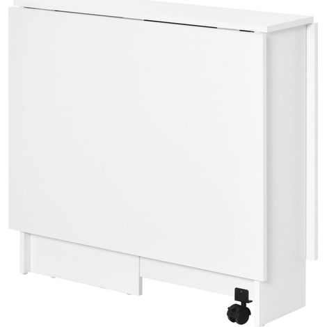 Table pliante de salle à manger, table de cuisine rabattable pour 6 personnes, bureau repliable gain de place avec 2 étagères ouvertes et roulettes freinées, pour salon, bureau, 140x75x74cm, blanc (1/5)