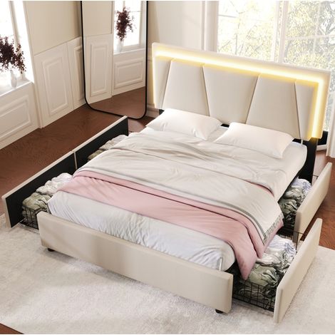 FLORAGRACE Lit adulte 160x200 cm en tissu beige avec LED, 4 tiroirs, tête de lit réglable, sommier à lattes (1/5)