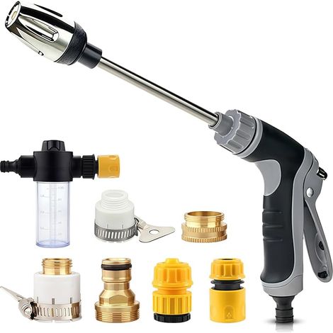Pistolet pulvérisateur haute pression avec canon à mousse, pistolet d'arrosage à long manche, outil de nettoyage multifonction avec 6 connecteurs de tuyau pour lavage de voiture, terrasse, arrosage de