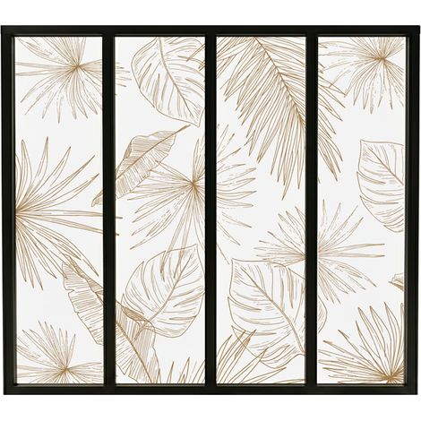 Verrière atelier intérieure aluminium noir 4 vitrages 135 x 117 cm - Décor végétal - Lamnar Kola - ocre et transparent - Verre trempé (1/5)
