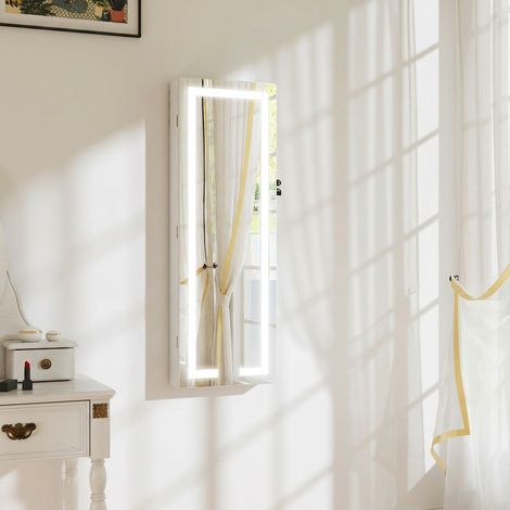 Armoire à bijoux avec LED, organisateur de bijoux mural/de porte verrouillable avec miroir, 37 x 10,5 x 108 cm, blanc (1/5)