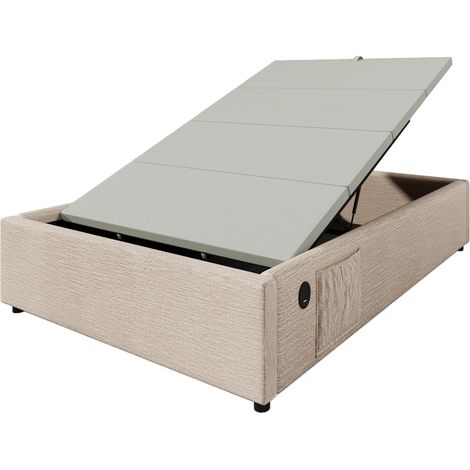 Cama canapé individual 90 x 200 cm de lino con USB Type-C, somier completo, natural (1/5)