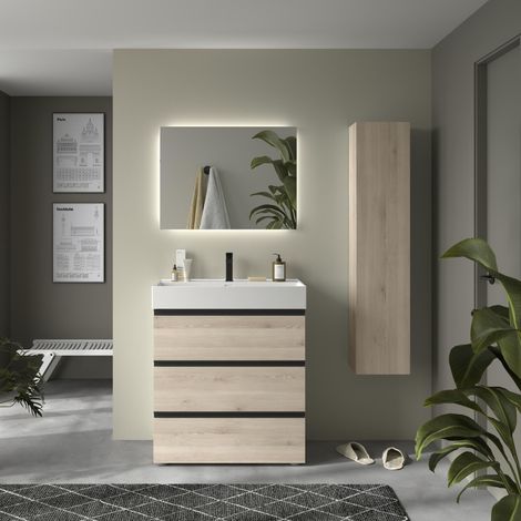 Meuble de salle de bain BEQUIA METAL 3C 100cm Naturel Vasque Veneto Porcelaine Centrale (1/4)