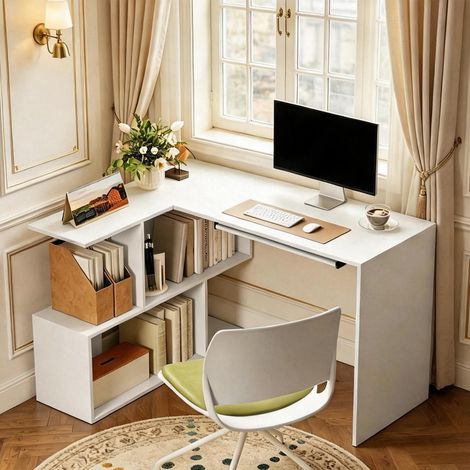 Bureau d'angle en L avec rangements et tiroir à clavier blanc (1/5)