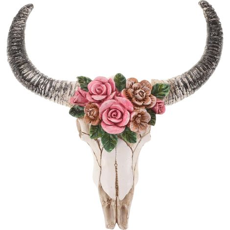 Décoration Murale Sculpture Artisanale à Suspendre Vintage en Résine Valeur Artistique Crâne de Vache et Rose pour Salon et Salle à Manger (1/5)