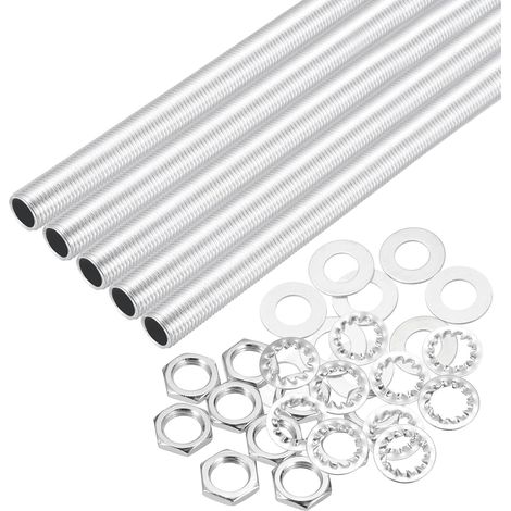 35Pcs Tube Fileté M10 à Filetage Fin 31cm de Long x 7mm ID Kit de Raccords pour Tubes de Lampe avec Écrous Hexagonaux et Rondelles, pour Réparation Bricolage, Argent (1/5)