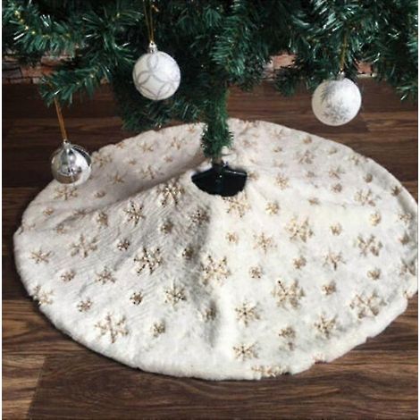 Jupe de sapin de Noël en fausse fourrure blanche ornée de sequins argentés scintillants en forme de flocons de neige, luxueuse jupe de sapin de Noël en fausse fourrure. (1/4)