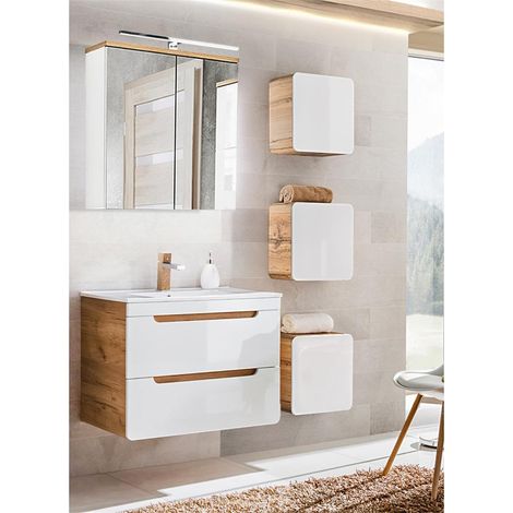 Badezimmer Set Hochglanz weiß mit Wotan Eiche Nb. LUTON-56 mit 81 cm Waschtisch & LED-Spiegelschrank, B/H/T ca. 130/200/46 cm (1/5)