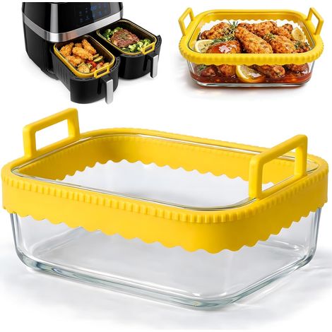Plat à gratin en verre de 1,4 l avec couvercle, poignées en silicone et anneau en silicone amovible, pour friteuse à air chaud, résistant à la chaleur et aux rayures (1/5)