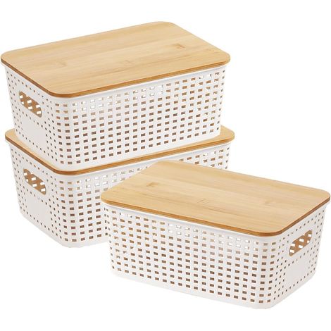 Caja de almacenamiento de 3 piezas con tapa, caja de almacenamiento de plástico con tapa de bambú, 5L, 25,3 x 18,1 x 10,7 cm, cestas de almacenamiento blancas para cocina, baño, dormitorio