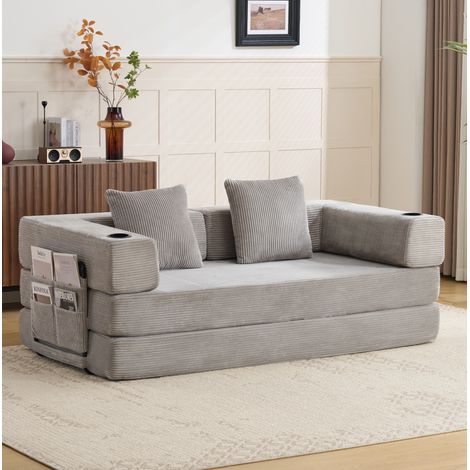 Bodenschlafsofa 185x92,5x60 cm aus Cord-Samt hellgrau platzsparend – MEUBLIV (1/5)