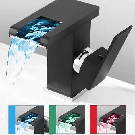 Robinet mitigeur eau chaude/eau froide à poignée unique et à LED pour salle de bain avec cascade ( ) (1/5)