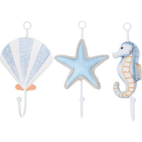 Set mit 3 dekorativen Wandhaken mit Strandmotiven und Handtuchhaltern für Bad, Schlafzimmer und Wohnzimmer (Seesterne, Jakobsmuscheln, Seepferdchen). – 17,00 x 10,00 x 5,00 cm (1/4)