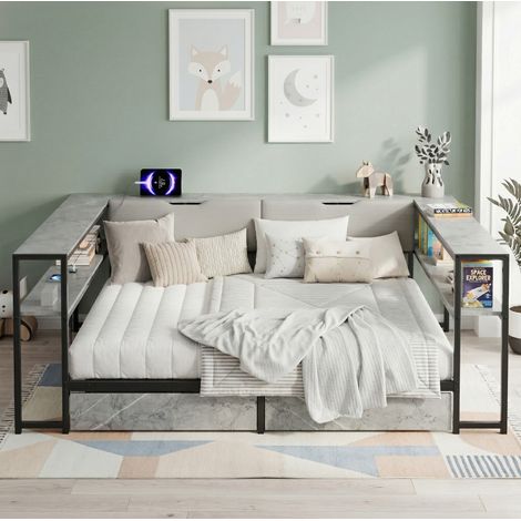 Lit adulte rangement 90x200 MDF métal gris USB TypeC OKMYHOME (1/5)