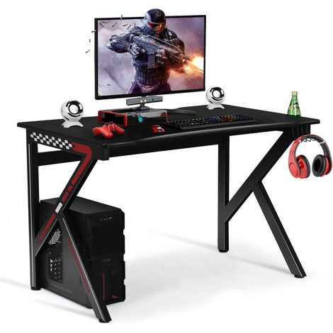 GOPLUS Bureau Gaming,Bureau de Jeu,Bureau Gamer, Bureau d'Ordinateur,Bureau Gaming Table de Jeu pour Gamer,avec Porte-Gobelet d'eau et Support de Manette de Jeu,Cadre en Forme de K (1/4)