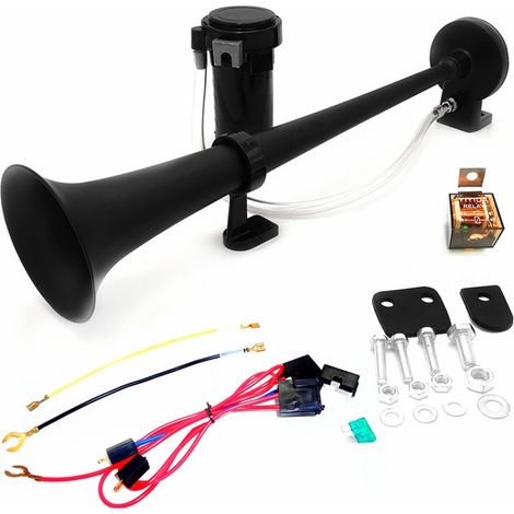 Klaxon de voiture Car Horn 150dB Air Horn 450 mm Klaxon d'air de camion de trompette simple de chrome de zinc Klaxon très fort noir avec le klaxon de pompe à air Pour 24V Bateau moto train etc (1/5)