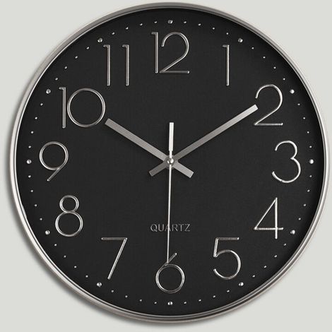 Ahlsen Schlichte und elegante 12 LB Quarz-Wanduhr für das Wohnzimmer, nicht tickend, dekorativer Effekt (modische schwarz-silberne Galvanisierungsbasis) (1/4)