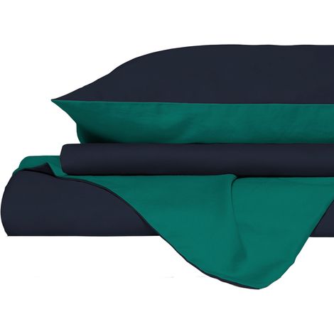 Copripiumino Piazza E Mezza con Sacco e Federe in Tinta Unita Double Face Linea Vera Blu Scuro e Acqua