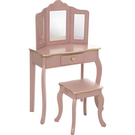 Coiffeuse avec tabouret pour enfant en bois coloris rose antique - longueur 59,50 x profondeur 29 x hauteur 60 cm -PEGANE-
