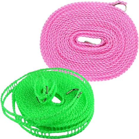 Lot de 2 cordes à linge, plastique antidérapant, crochets acier inoxydable, séchage voyage extérieur (1/5)