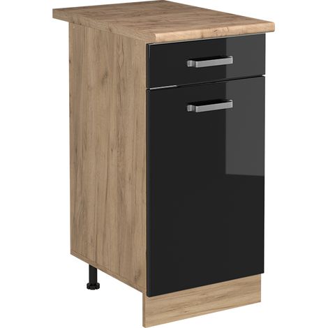 Küchenunterschrank R-Line, Schwarz Hochglanz/Goldkraft Eiche, 40 cm Arbeitsplatte Goldkraft Eiche, Vicco (1/5)