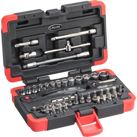 VIGOR Innenvierkant Antrieb 6,3 = 1/4 Zoll Steckschlüssel-Satz V2414N ∙ Vierkant hohl 6,3 mm (1/4 Zoll) ∙ Außen-Sechskant Profil ∙ - ∙ Anzahl Werkzeuge: 46