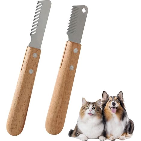 2-teiliges Hundepflege-Set, Katzen- und Hundekamm mit Holzgriff, Tierhaarschneidekamm, Katzenhaartrimmer, Fellmesser, Tierhaarentfernung