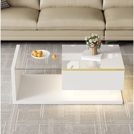 Table basse 90x50x32,5 cm en bois blanc brillant, avec rangement et LED pour salon FloraGrace (1/5)