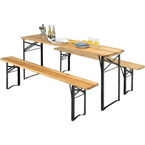 COSTWAY Juego de Mesa y Banco de Picnic de 3 Piezas, Juego de Mesa de Cerveza de Madera con 2 Asientos, Mesa y Banco Plegable con Marco de Acero para Patio, Terraza y Actividades al Aire Libre (1/5)