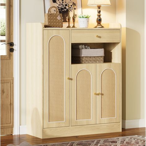 Meuble à chaussures 90x35x110 cm naturel en MDF avec portes en rotin, 1 tiroir et étagères réglables (1/5)
