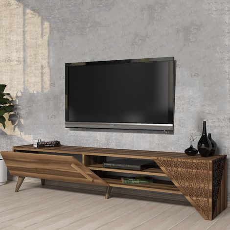 Mobile Porta tv Campli, un Ripiano, Un'anta, 3 Vani, 180x40x37h cm Marrone Noce (1/5)