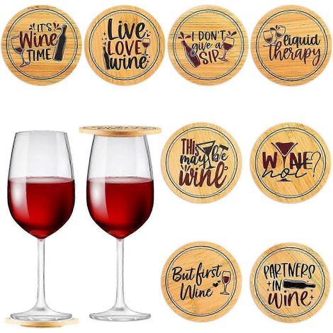 Lot de 8 couvre-verres à vin en bois, amusants et décoratifs. Protection anti-insectes, idéal pour les boissons en extérieur. Cadeau de pendaison de crémaillère. (1/5)