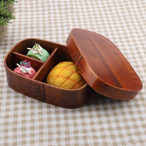 Boîte à lunch vintage en bois naturel, type bento, 18 x 12 x 5,5 cm (1/5)