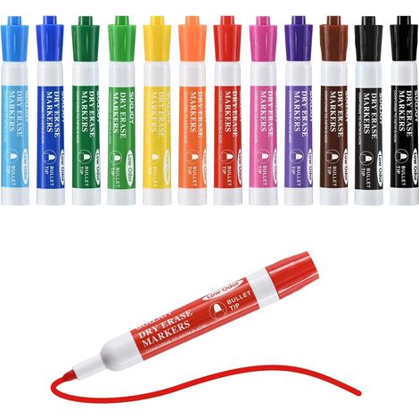 Whiteboard Pens, Dry Erase Markers, Bullet Tip, Low Odour, Easy Cleaning, Roll-Resistant Cap, 12 Colors, Pack of 12 (1/5)