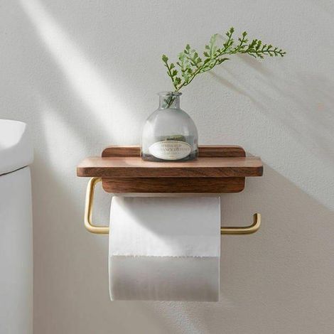 Porte-papier toilette mural en bois – Installation adhésive 3M – Résistant à l'eau et à la rouille – Support pour téléphone et accessoires