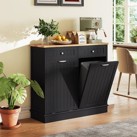 Meuble à bacs à déchets avec 2 portes, planche à découper, plan de travail en bois et 2 tiroirs - noir (1/5)