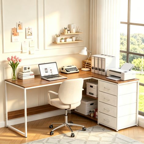 Bureau d'ordinateur en forme de L, Bureau d'angle de Rangement avec 4 tiroirs et 2 étagères, 150 x 110 x 75 cm,Noyer et Blanc