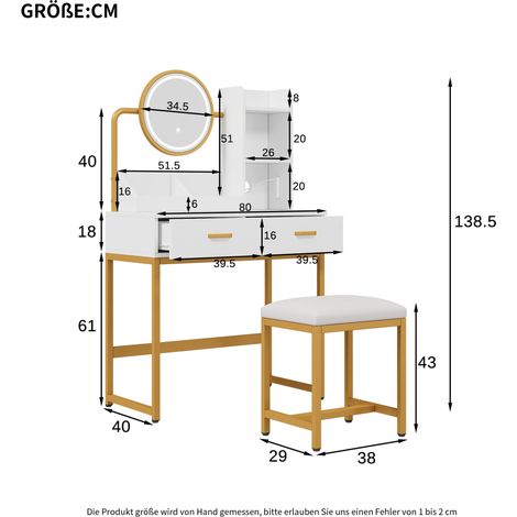 MEUBLIV Schminktisch 80x40x138,5 cm Weiß/Gold – LED, Drehspiegel, Steckdosen (1/5)